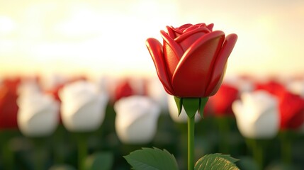 A vibrant red rose stands tall among white roses, illuminated by soft sunlight, creating a picturesque floral scene.