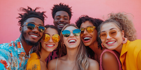 Fototapeta premium Joyful group of friends celebrating together urban setting candid photography bright atmosphere upbeat perspective friendship and happiness