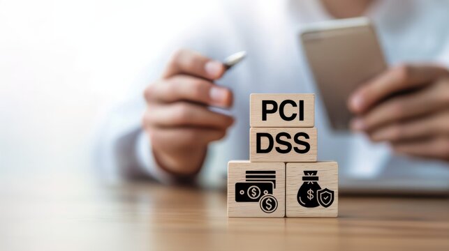 A wooden blocks on a white background display PCI DSS text and icons, signifying payment gateway security, data encryption, and fraud detection