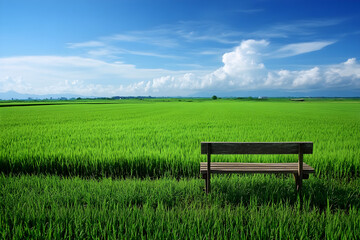 Tranquil Solitude: Wooden Bench Amidst Verdant Sea of Lush Greenery