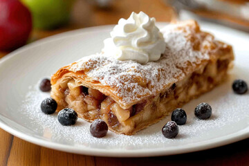 Apple cuisine A delicious flaky apple strudel dusted with powdered sugar, perfect for showcasing desserts and bakery items in culinary photography.