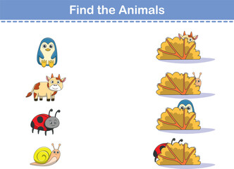 Find Hiding Animals. Child Exercise Sheet with wild animals. Printable worksheet. Cartoon vector illustration