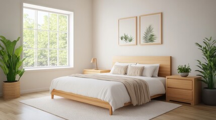 Modern minimalist bedroom design with wooden furniture, plants, and natural light for serene ambiance