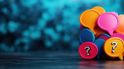 Colorful speech bubbles with question marks stacked together on a wooden surface, set against a blurred blue background.