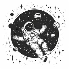 Fototapeta premium Smiling Cartoon Robot Astronaut Floating in Space with Planets and Stars