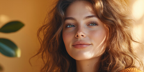 Fototapeta premium Captivating portrait of a young woman indoor setting photography bright environment close-up view beauty and confidence