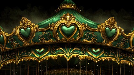 Fototapeta premium A beautifully ornate carousel canopy adorned with heart motifs, featuring intricate gold detailing against a dark background.
