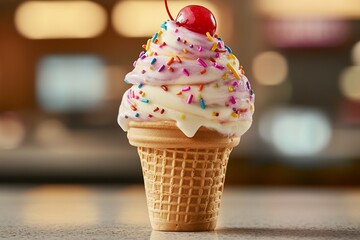 Soft-serve ice cream cone with sprinkles and cherry.