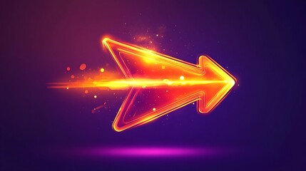 A dynamic, glowing arrow icon with fiery orange and yellow gradients on a neon purple background
