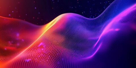 Vibrant abstract purple and orange wave pattern with dotted textures on a dark background