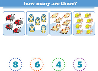 Counting game of wild animals for preschool kids. Printable. Vector Illustration