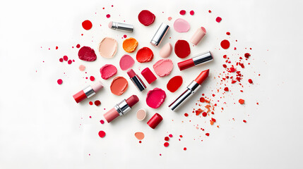 Artistic arrangement of lipstick, kiss prints, and colorful splashes