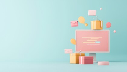 Obraz premium Creative Online Shopping Illustration with Cartoon Gifts, Decorations, and Computer on a Light Blue Background