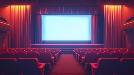 Obraz premium Empty auditorium with bright screen, red chairs, and Cyrillic Anticipation palpable with red curtain and blue light enhancing atmosphere.