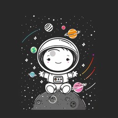 Fototapeta premium Smiling Cartoon Robot Astronaut Floating in Space with Planets and Stars