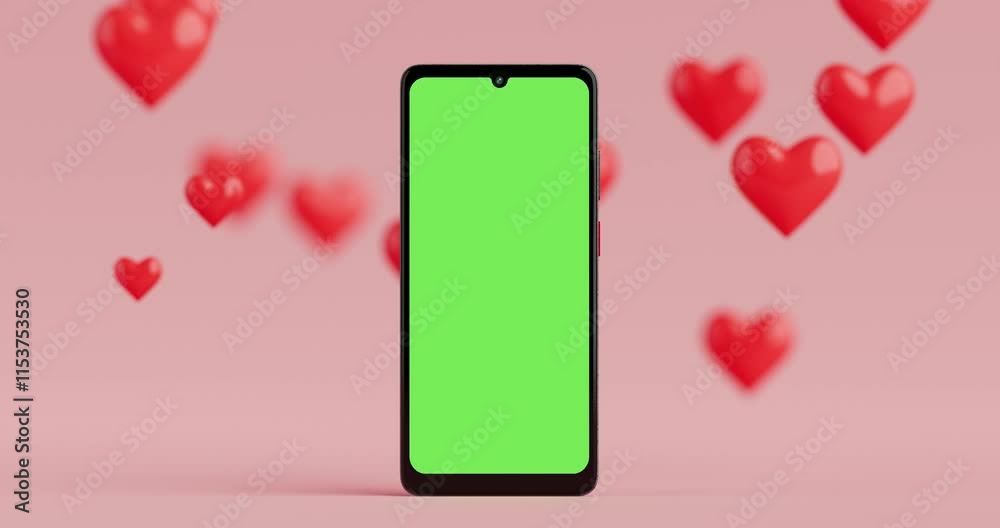 Poster 4k Resolution Video: Modern Mobile Phone Smartphone with Green Screen For Your Design on a Pink Background with Red Hearts and Alpha Mate