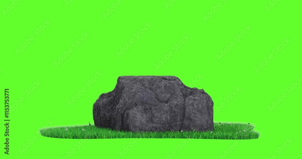 Aufkleber 4k Resolution Video: Black Stone Promotion Product Display Podium with Green Grass Patch Seamless Loop Rotating on a Green Screen Background with Alpha Mate