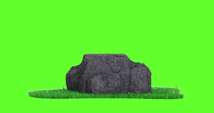 4k Resolution Video: Black Stone Promotion Product Display Podium with Green Grass Patch Seamless Loop Rotating on a Green Screen Background with Alpha Mate