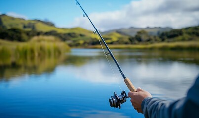 A person fishing by a serene lake surrounded by lush green hills.