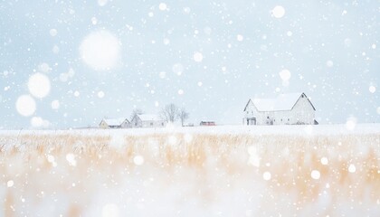 Snowy Landscape with White Barns and Fields Under Soft Flurries of Snow on a Winter Day