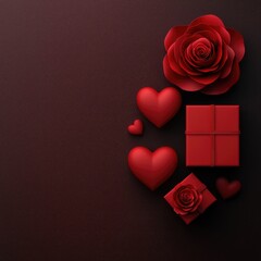 A romantic arrangement of red roses, hearts, and a present on a dark background, perfect for celebrations like Valentine's Day.