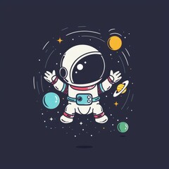 Fototapeta premium Smiling Cartoon Robot Astronaut Floating in Space with Planets and Stars