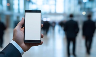 A person holding a blank smartphone in a business environment.