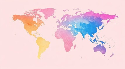 Minimalist gradient world map outline design with elegant line drawing style. Abstract global geography concept featuring soft curves and vibrant gradient background