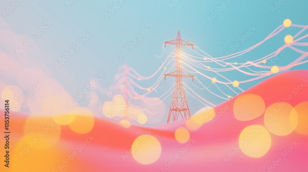 Poster vibrant power lines over soft gradients with abstract circular lights and smooth textures in modern 