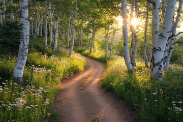 Obraz premium Sunlit path winding through aspen grove.