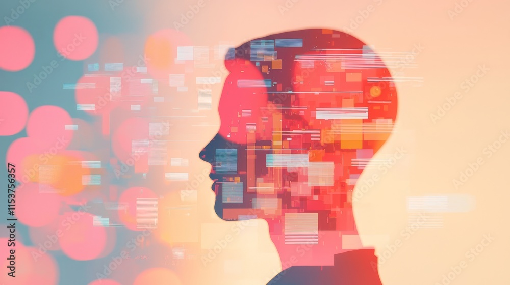 Poster abstract concept of human profile with colorful data digitalization and technology integration in so