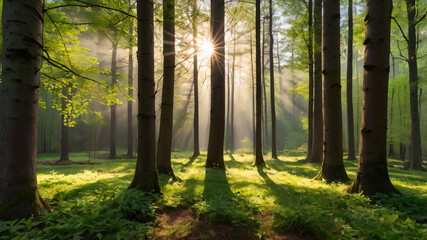 Fototapeta premium Silent Forest in spring with beautiful bright sun rays
