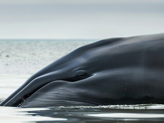 Close-up of a fin whale surfacing with misty blow