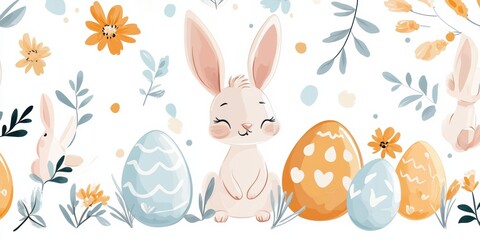 A whimsical Easter scene unfolds featuring a cute bunny surrounded by an array of colorful eggs, bringing adventure and cheer to this celebratory holiday filled with happiness and joy