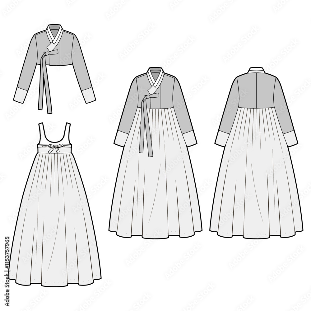 Wall mural Technical flat sketch of Women's Hanbok. Traditional Korean attire. Crop jacket, skirt, volume sleeves, ribbon straps. 