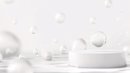 Minimalist White Podium with Floating Bubbles, Abstract Background