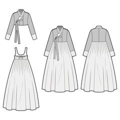 Technical flat sketch of Women's Hanbok. Traditional Korean attire. Crop jacket, skirt, volume sleeves, ribbon straps. 