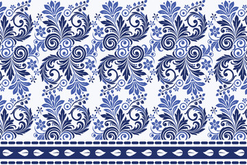 blue seamless floral pattern featuring tulip blossoms and leaf details with a traditional border for fabric background, textile prints, and classic design patterns