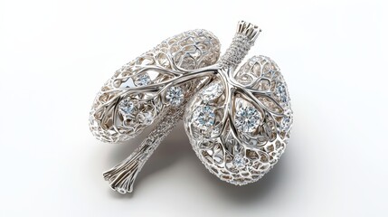 Intricate Artistic Representation of Lungs with Jewels in White Silhouette Style on Neutral Background