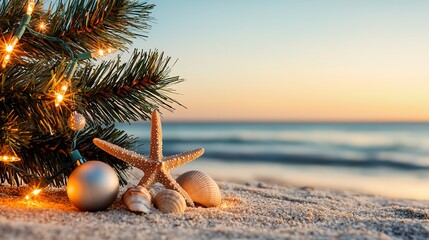 Christmas tree lights, ornaments, starfish & seashells on beach at sunset.