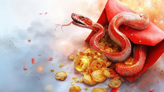 Snake wrapped around a red envelope bursting with gold coins