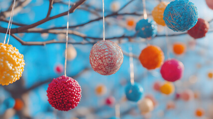 Obraz premium A cluster of multicolored balls hanging from a tree with a bright blue sky backdrop