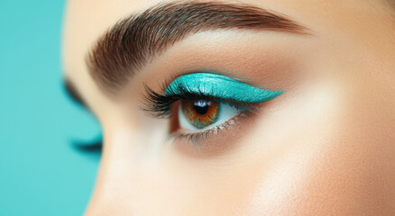 Obraz premium A striking close-up showcases a woman's eye adorned with long lashes and bold turquoise eyeliner, set against a soft and calming background.