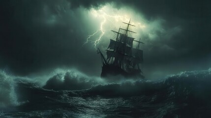 Obraz premium ancient sailing ship battling massive storm waves during night with lightning strikes illuminating dark cloudy sky and turbulent ocean waters