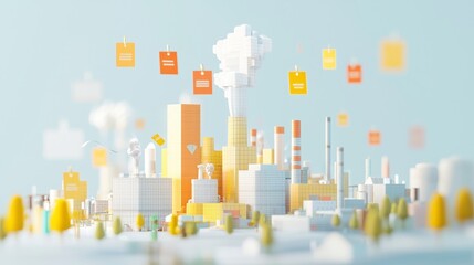 Abstract depiction of an industrial landscape with colorful structures, smoke, and floating elements in a modern style