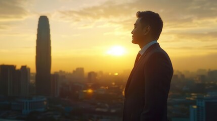 Fototapeta premium asian business executive standing confidently before modern glass skyscraper complex during golden hour with dramatic urban cityscape background