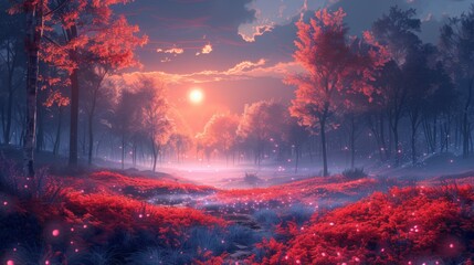 Fototapeta premium A forest with a red sky and a sun in the background