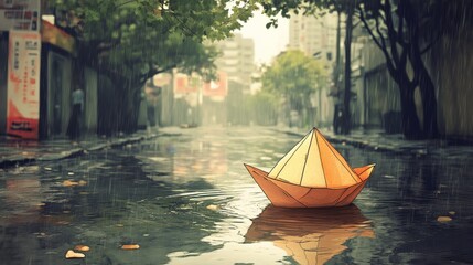 Obraz premium Paper Boat Floating in Rainy Urban Street