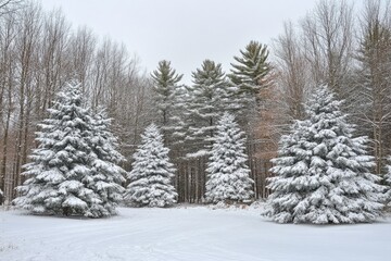 Snow-covered trees in a serene winter landscape.