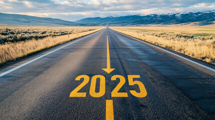 Driving towards the future on an asphalt road with the number 2025 painted on it, symbolizing the upcoming year